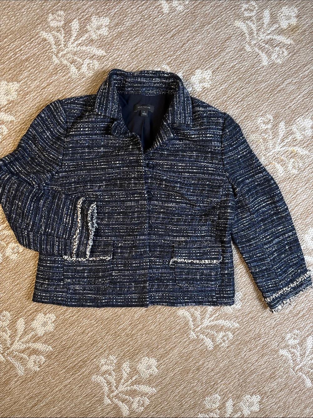Ann Taylor Navy Tweed Cropped Blazer with Fringe Trim